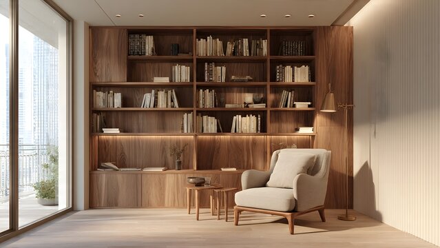 Luxury interior design of a modern living room featuring elegant wooden furniture with a minimalist bookshelf and desk set against an empty wall for a sophisticated home office or library