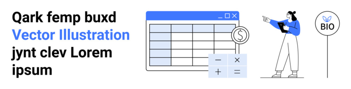 Female character examining spreadsheet data and pointing at eco-friendly sign. Ideal for analytics, finance, sustainability, education, technology, management, presentations, and simple landing page