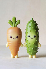 Cute 3D Carrot and Cucumber Cartoon Characters Isolated on Neutral Background