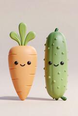 Cute 3D Carrot and Cucumber Cartoon Characters Isolated on Neutral Background