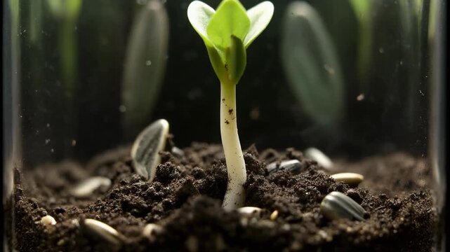 Macro Sunflower Seed Germination Time Lapse, Root Growth and Sprout Emergence 4K