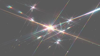黒背景にプリズムのように交差する鮮やかな虹色の光の筋