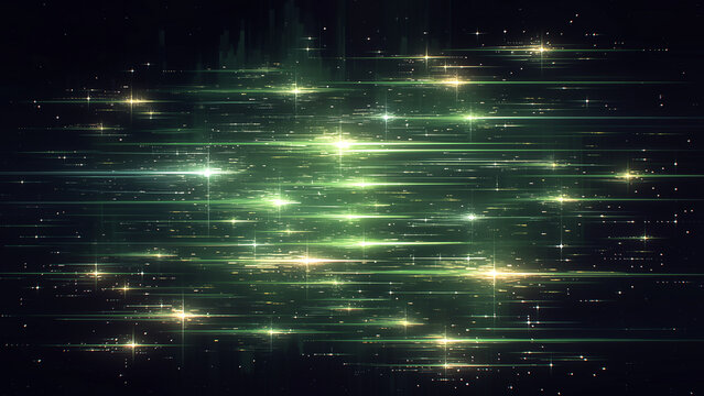 黒背景に水平に走る緑色の光の粒子とシャープなライン
