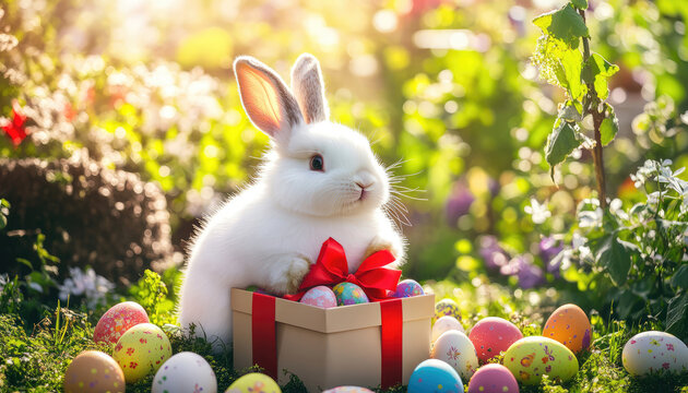 A fluffy white bunny nestled in a gift box adorned with a vibrant red ribbon, surrounded by colorful Easter eggs in a sunlit springtime garden