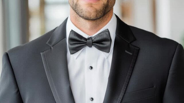 Close-up of a well-dressed man in a tuxedo adjusting his black bow tie and jacket lapels, preparing for a black-tie event.