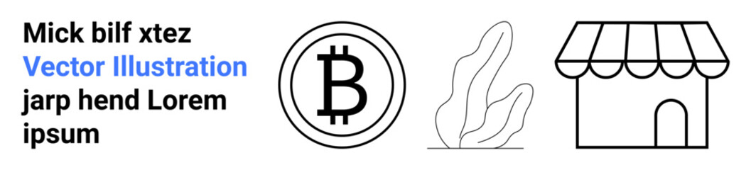 Cryptocurrency, online shopping, digital economy, creative design, ecommerce, blockchain. Bitcoin symbol, abstract plant and shop line art. Cryptocurrency and online shopping concept