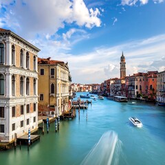 Fototapeta premium Scenic Venetian canal with ornate buildings and passing boats under a blue sky