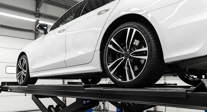 White car on a lift in a garage for maintenance and repair services daily