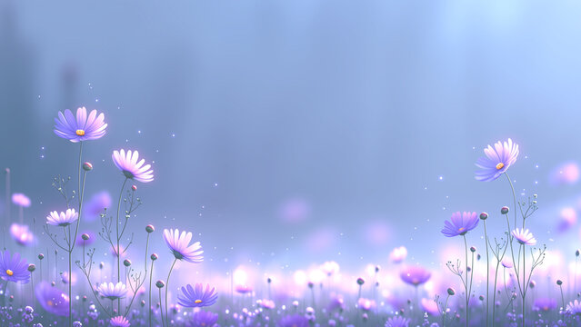 幻想的な紫色の花々と青い霧に包まれた風景背景
