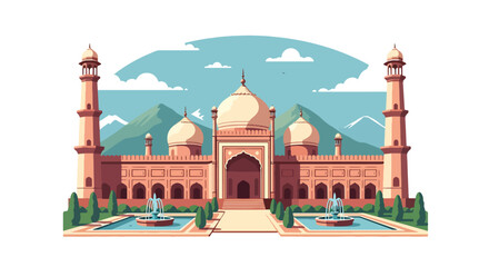 Flat vector illustration of Mughal-style mosque with sandstone domes and symmetrical garden, showing classical Islamic architecture and heritage © meeblues