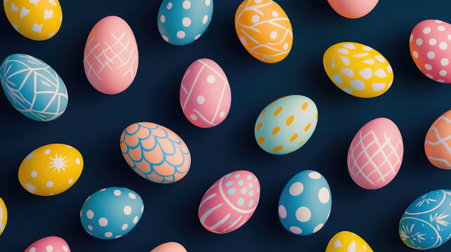 A pattern of colorful easter eggs on a dark blue background.