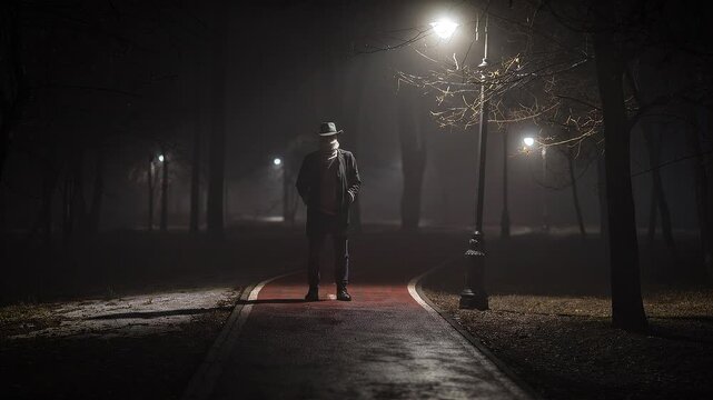 Mysterious man in trench coat and hat standing on foggy park path at night under street lights perfect for streaming background, intro background, podcast background, and horror background