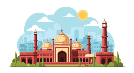 Flat vector illustration of Indian subcontinent mosque with onion domes and courtyard gardens in busy city background © meeblues