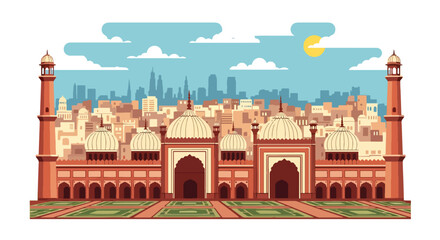 Flat vector illustration of Indian subcontinent mosque with onion domes and courtyard gardens in busy city background © meeblues