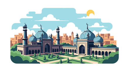 Flat vector illustration of Indian subcontinent mosque with onion domes and courtyard gardens in busy city background © meeblues
