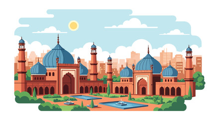 Flat vector illustration of Indian subcontinent mosque with onion domes and courtyard gardens in busy city background © meeblues