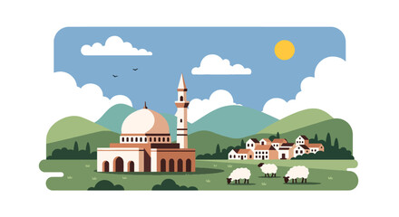Obraz premium Flat vector illustration of mosque on highland plateau with sheep and cloudy mountains, showing rural Islamic landscape