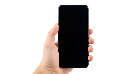 A hand holding a smartphone with a black screen against a white background