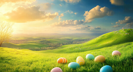 Beautiful landscape with grassy hills, colorful Easter eggs on the ground, and a beautiful sky.