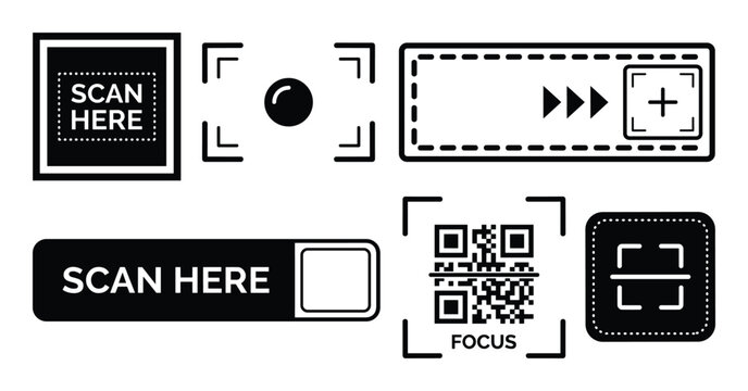 Collection of scan here qr code scanner interface elements and buttons