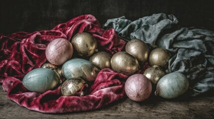 Obraz premium A still life arrangement of vintage Christmas ornaments nestled within luxurious crushed velvet fabric.