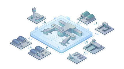 Obraz premium Isometric Airport Management Software SaaS Illustration for Aviation Logistics, Smart Infrastructure, and Digital Air Traffic Control Interface on White Background