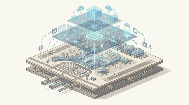 Isometric Smart Airport Management System Illustration with Cloud Data Layers and Aviation Technology SaaS Interface for Digital Transformation and Logistics Infrastructure