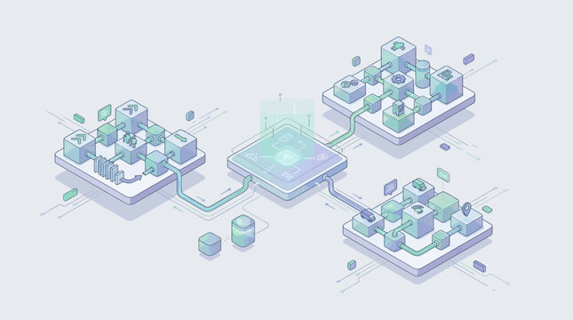 Isometric Airport Management SaaS Software Platform Illustration showing Interconnected Data Flow and Logistics Systems for Aviation Technology and Smart Infrastructure Design