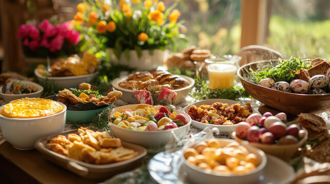 A table is set for a tasty Easter breakfast or brunch. It's full of healthy food for friends and family to enjoy together. This shows the importance of Easter and family.