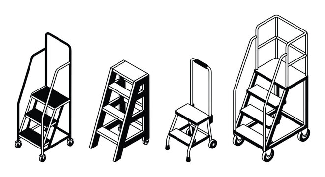 Industrial step ladders and safety mobile platforms with handrails for warehouse and maintenance work