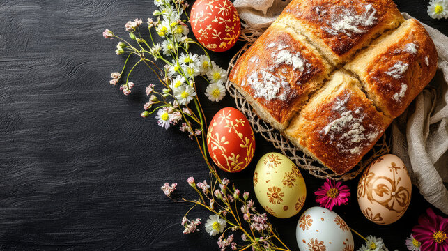 Flat-lay of traditional Easter bread and eggs with Flowers and  decorative napkins.