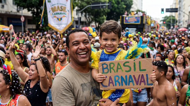 Brazilian Carnival father holding toddler son in yellow blue costume with BRASIL CARNAVAL sign in street crowd celebrating festival together looking at camera warmly for family celebration