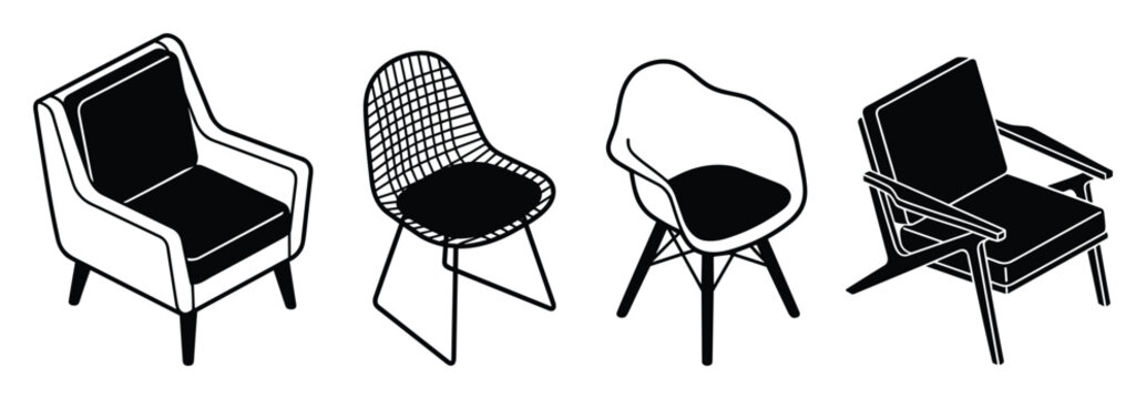Isometric black chairs and armchairs, elegant furniture for modern interior design elements