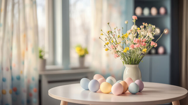 Interior design of easter dining room interior with round table, colorful eggs,