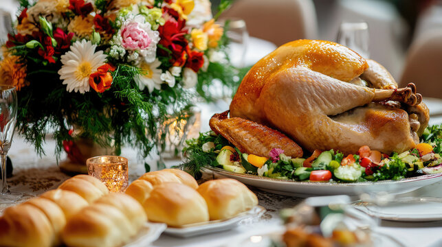 Festive table setting with golden roasted turkey fresh vegetables salad bread rolls and a beautiful floral centerpiece for a special family holiday or gourmet dinner party