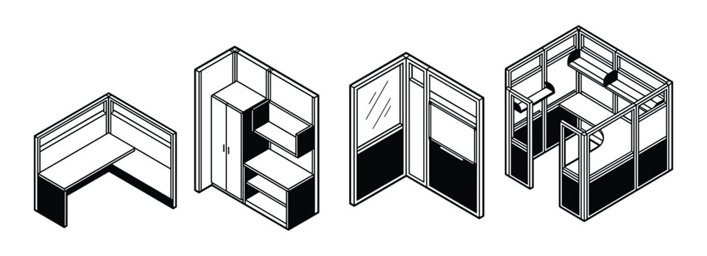 Isometric office cubicle vector set isolated on transparent background, outline drawing furniture