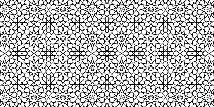 A seamless black-and-white Islamic geometric pattern featuring repeating star and circular motifs arranged in an intricate symmetrical lattice