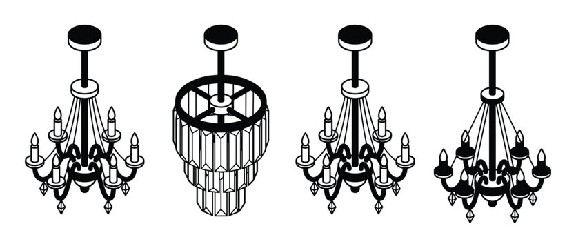 Isometric set of classic chandelier designs, featuring multiple arms and candelabra style lights