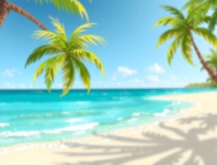 Fototapeta premium simple illustration of cozy doodle blur scene depicting tropical beach with swaying palm trees, leaves a vibrant green, and warm sunlight shining down on the calm turquoise ocean