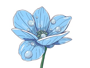 Obraz premium illustration of delicate blue flower with soft petals and gentle curves, adorned with translucent water drops that reflect light, in whimsical doodle style