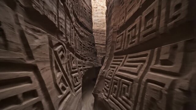Ancient petroglyphs carved into a narrow canyon wall, desert landscape, archaeological site