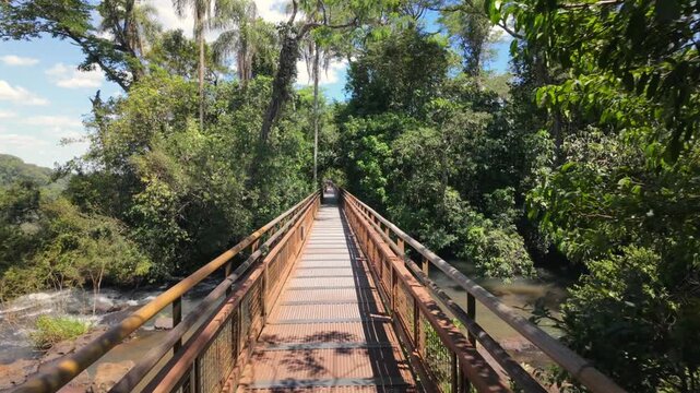 Extensive Trail System On The Argentinian Side Of The Iguazu Falls. Aerial Forward Shot