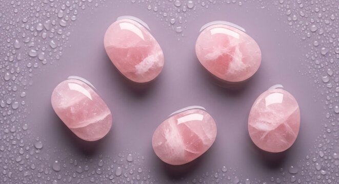 Top View of Pink Rose Quartz Yoni Eggs with Water Droplets on Lavender Surface