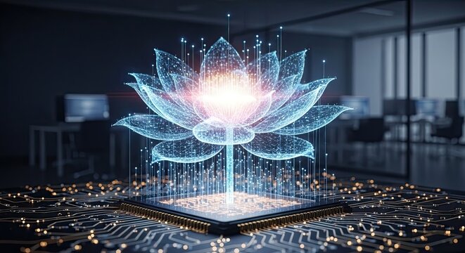 Glowing blue lotus flower emerges from computer chip in modern office space with futuristic ambiance and circuit board pattern