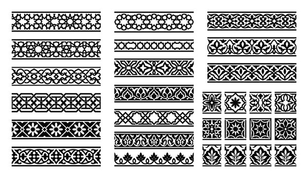Set of decorative arabic borders and square tile ornaments for design projects