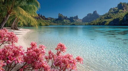 Tranquil tropical beach scene with clear turquoise water and lush greenery
