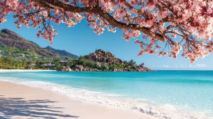Idyllic beach scene with blooming cherry blossoms over the turquoise ocean