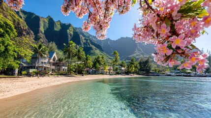 Coastal paradise scene with clear water sandy beach mountains and flowering tree
