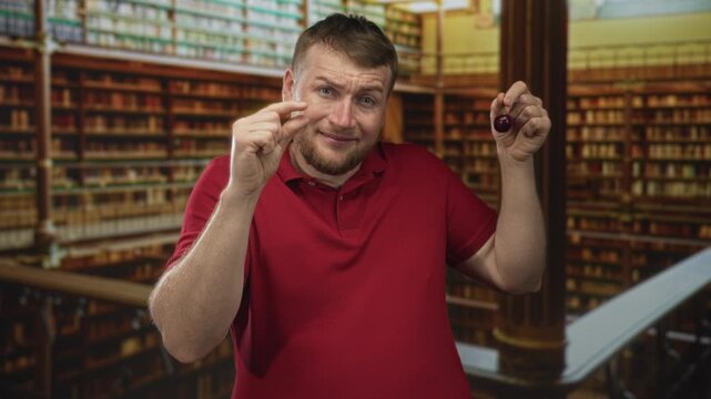 Man pinches a tiny gap between fingers while holding a cherry in a library building; curiosity smallness tease.