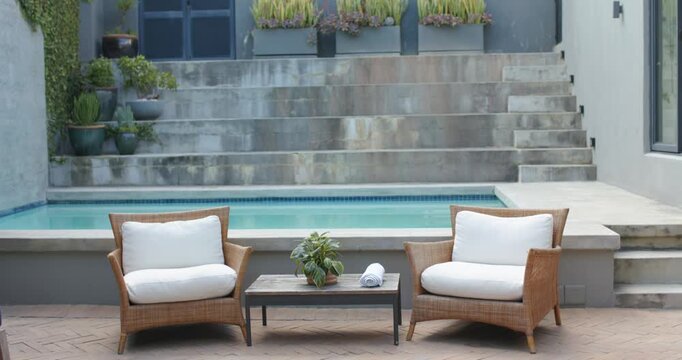 Camera is tilting up, pushing mats out; wicker chairs and table are staying centered revealing pool
